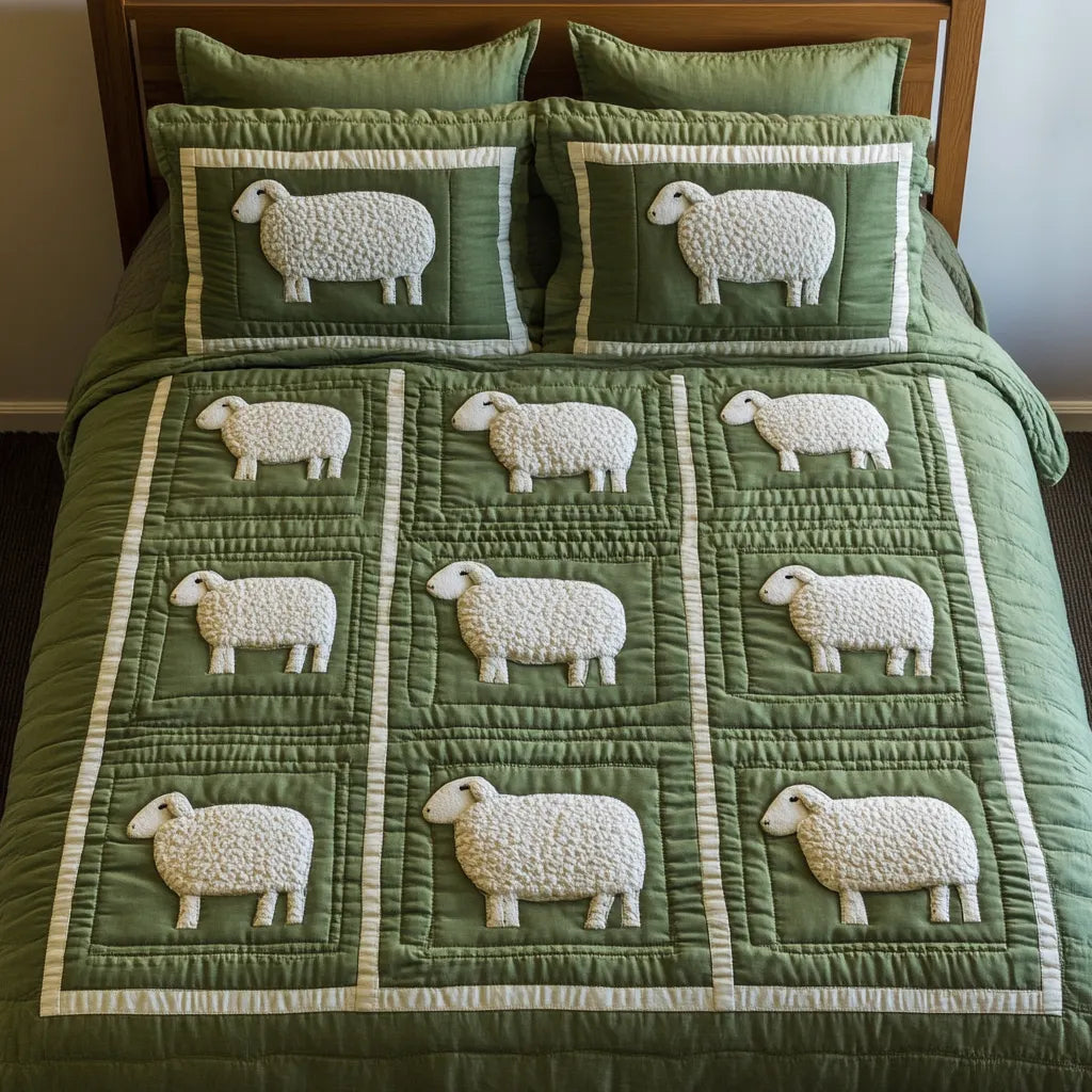Sheep Farm Quilted Bedding Set, Lamb Blanket, Quilt with Pillow Covers, Bedroom Decor QBEDSET63