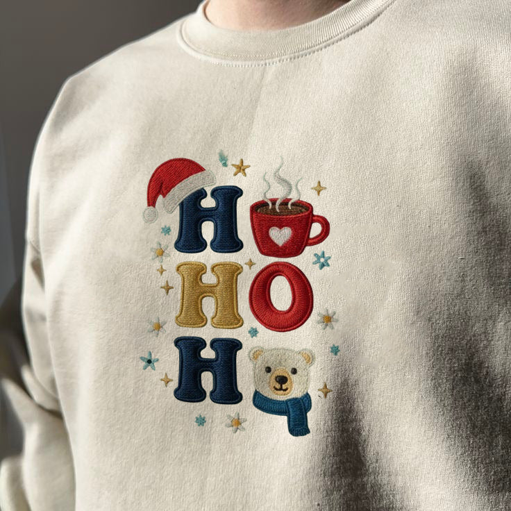 Ho Ho Ho Embroidered Sweatshirt, Cute Christmas Bear Sweater, Holiday Cocoa Shirt, Cozy Festive Crewneck, Xmas Gift