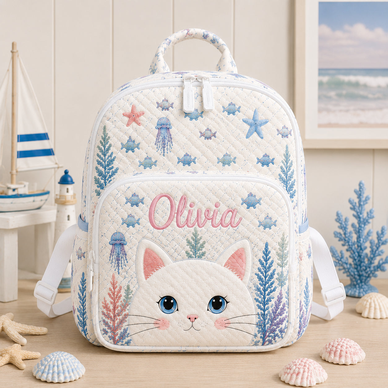 White Cat Quilted Backpack, Cat Backpack, Mini Travel Bag, School Bag, Back To School Backpack QBP22