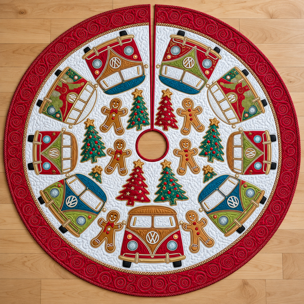 Camping Camper Quilted Tree Skirt, Patchwork Xmas Tree Skirt, Holiday Decor, Xmas Tree Base Cover, Custom Tree Skirt XMASTS30