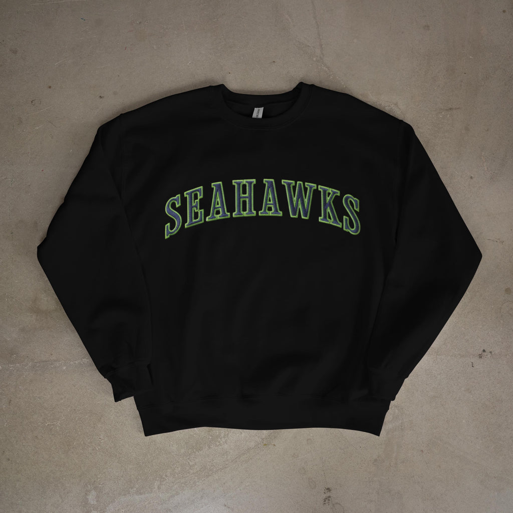 Embroidered Seahawks Crewneck Sweatshirt, Green and Navy Lettering, Seattle Football Fan Merch Apparel