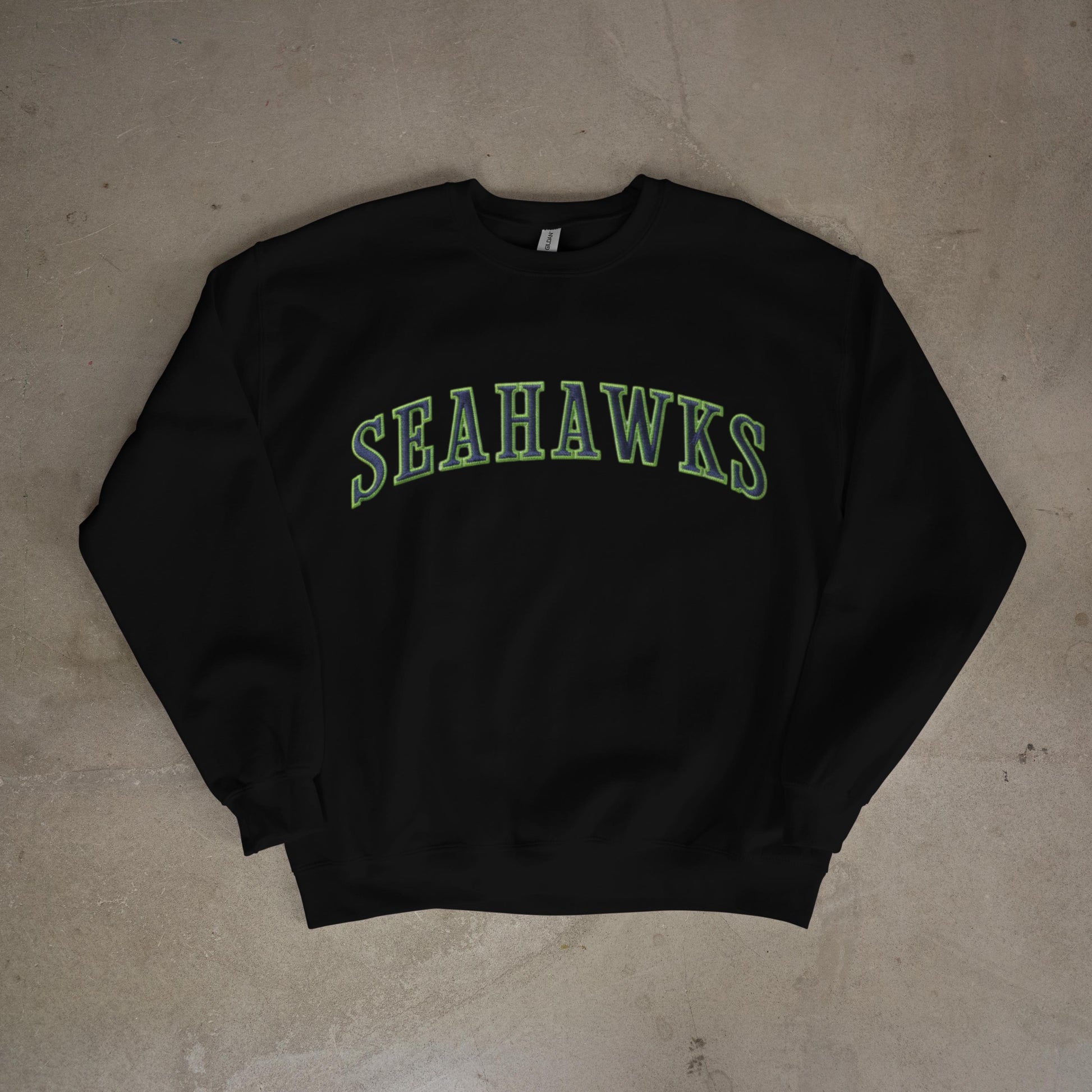 Embroidered Seahawks Crewneck Sweatshirt, Green and Navy Lettering, Seattle Football Fan Merch Apparel