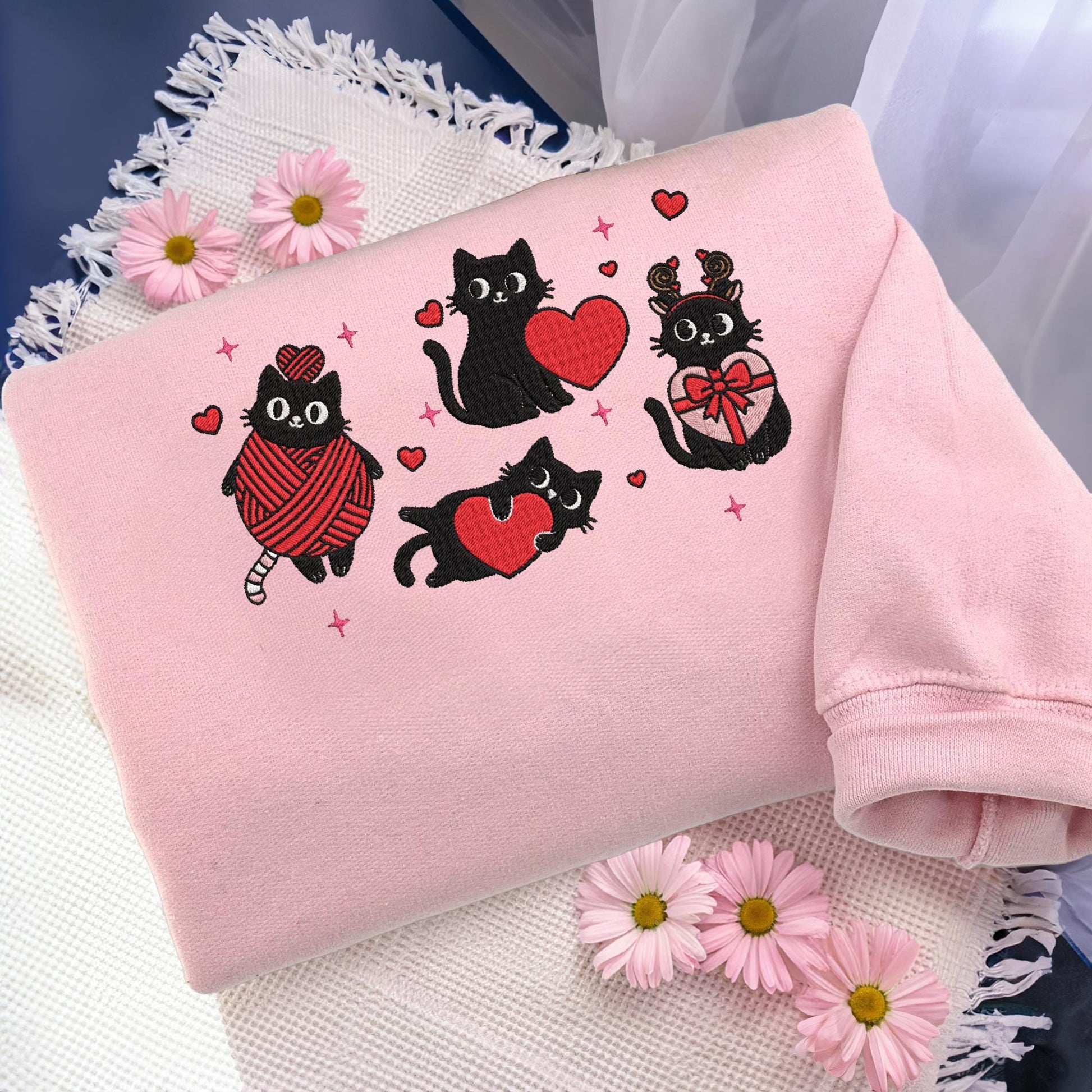 Embroidered Black Cat Sweatshirt, Valentine’s Day Cat Lover Sweater, Cute Cat Mama Gift