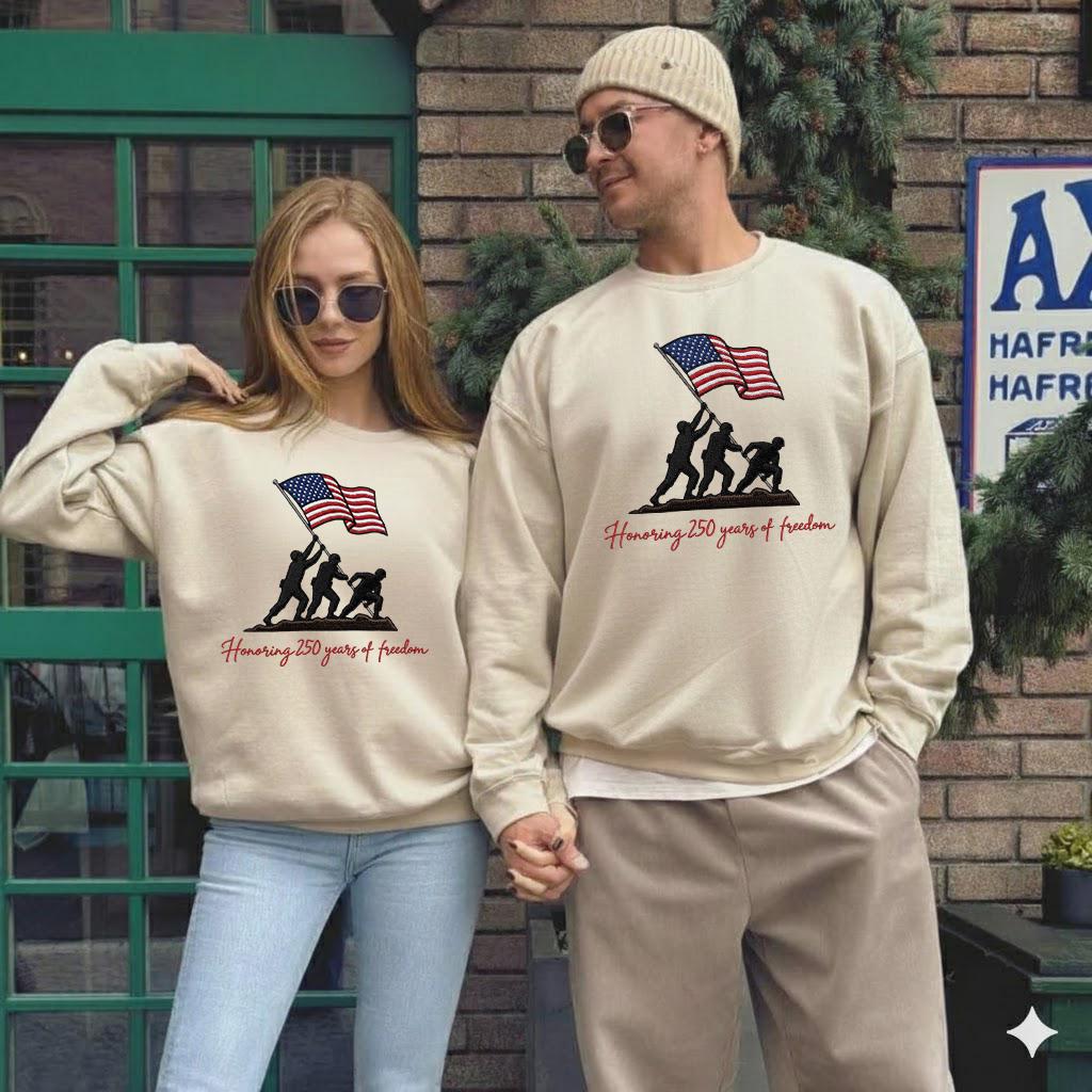 Honoring 250 Years of Freedom Embroidered Sweatshirt – Patriotic USA Flag Crewneck