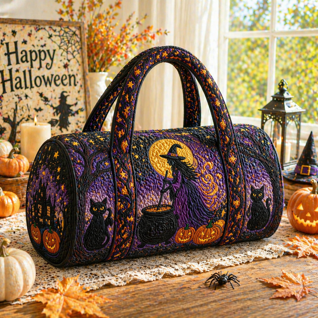 Halloween Witch Quilted Duffle Bag, Witch Duffle Bag, Overnight Bag, Quilted Travel Bag, Quilted Weekend Bag, Custom Bag Gift DFB22