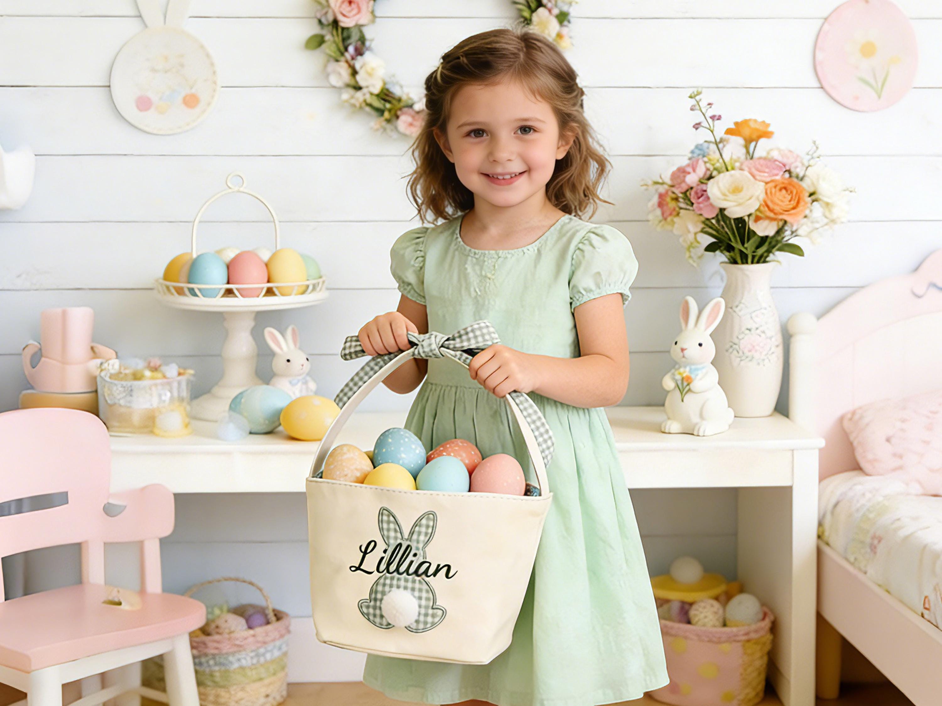 Personalized Kids Easter Basket, Toddler Easter Gift, Egg Hunt Bucket, Baby Shower Gifts, Embroidered Name