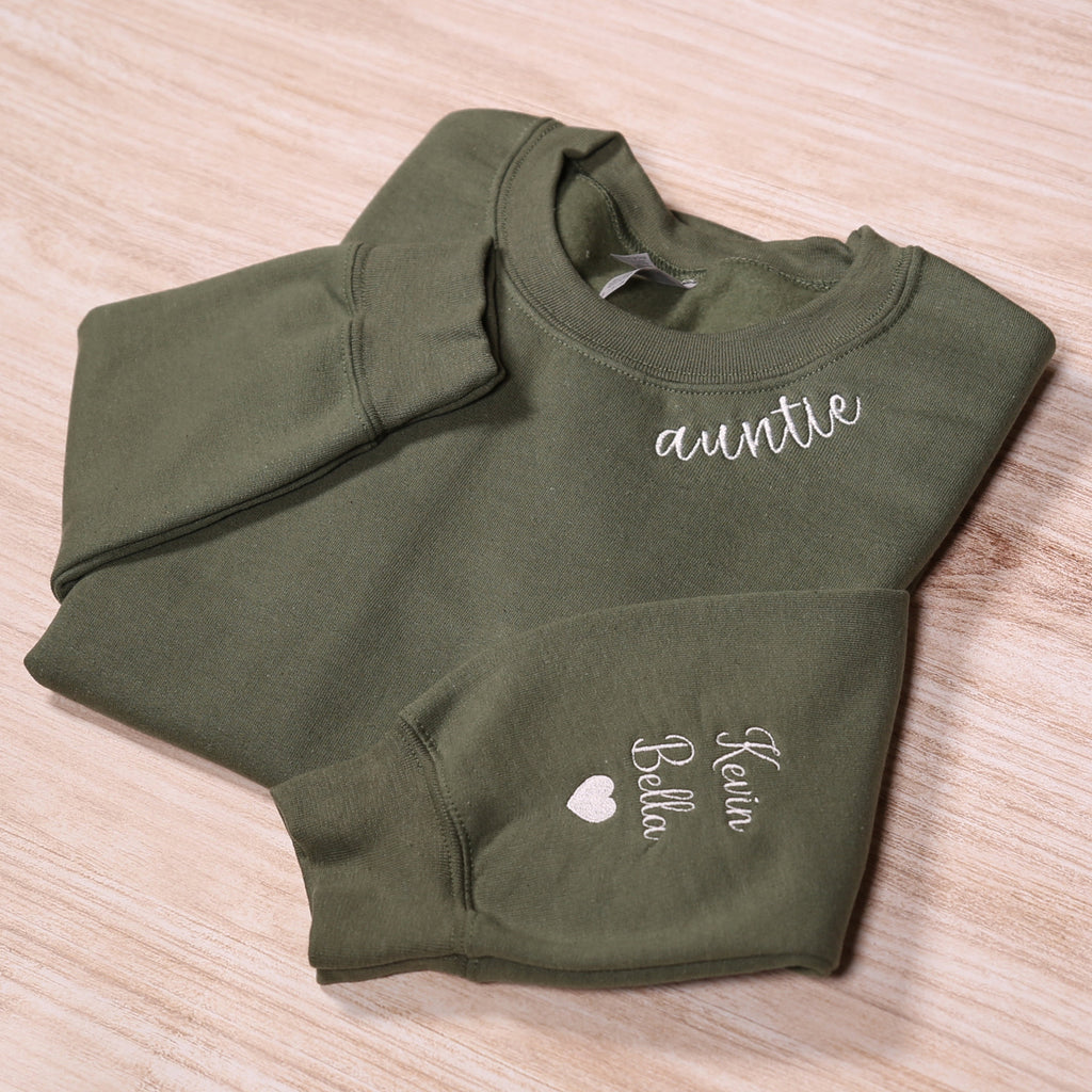 Custom Auntie Sweatshirt, Personalized Embroidered Names, Aunt Gift, Cozy Minimal Sweater, Cute Aunt Outfit, Custom Sleeve Design