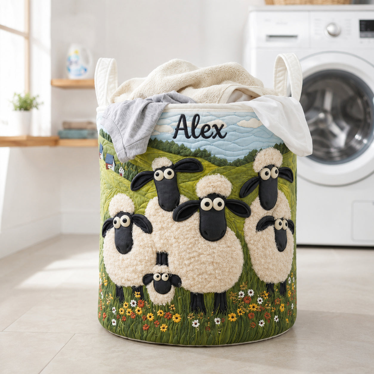 Cute Sheep Pattern Quilted Laundry Basket, Sheep Storage Hamper, Custom Name Quilted Basket, Laundry Room Decor, Fabric Clothes Basket QBK77