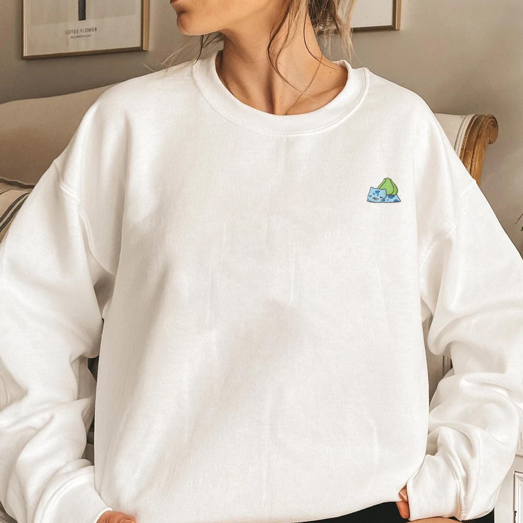 Bulbasaur Embroidered Sweatshirt, Cute Pokemon Hoodie, Sleeping Bulbasaur Shirt, Anime Crewneck, Small Chest Embroidery, Pokemon Fan Gift
