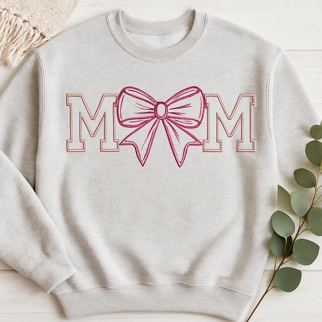 Mom Embroidery Sweatshirt – Coquette Bow Machine Embroidery Sweatshirt, Cute Mom Sweatshirt, Mother’s Day Gift