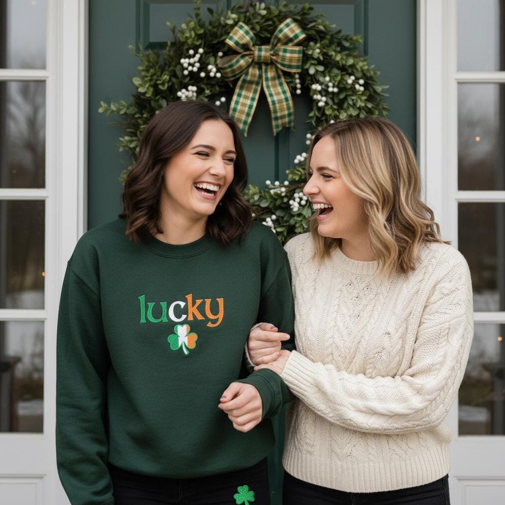 Embroidered Lucky Sweatshirt with Shamrock, St. Patrick’s Day Crewneck Gift, Cozy Green Irish Pullover