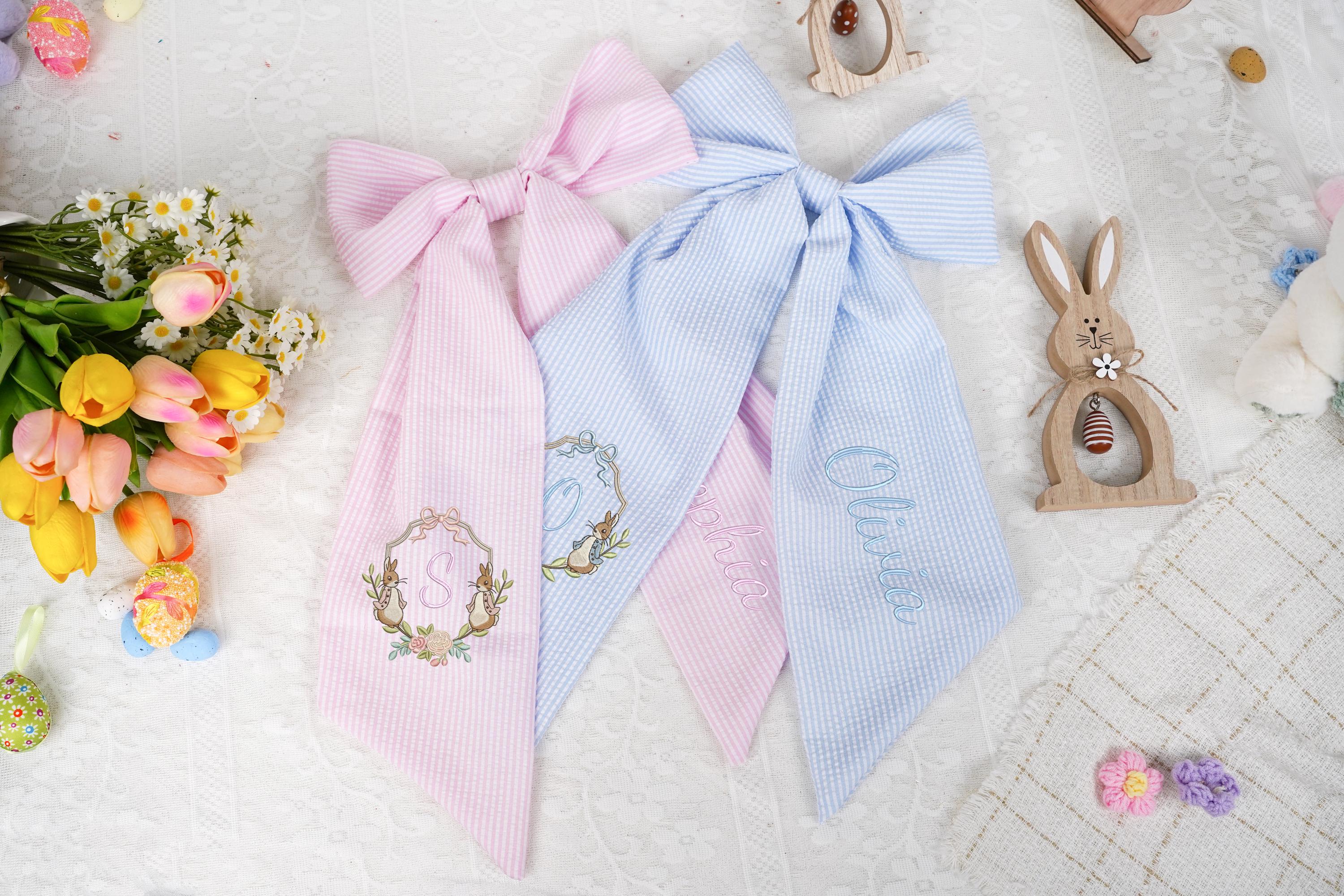 Personalized Seersucker Easter Basket Bow, Custom Monogrammed Bow, Baby Shower Favor, Wedding Basket Bow, Spring Decoration