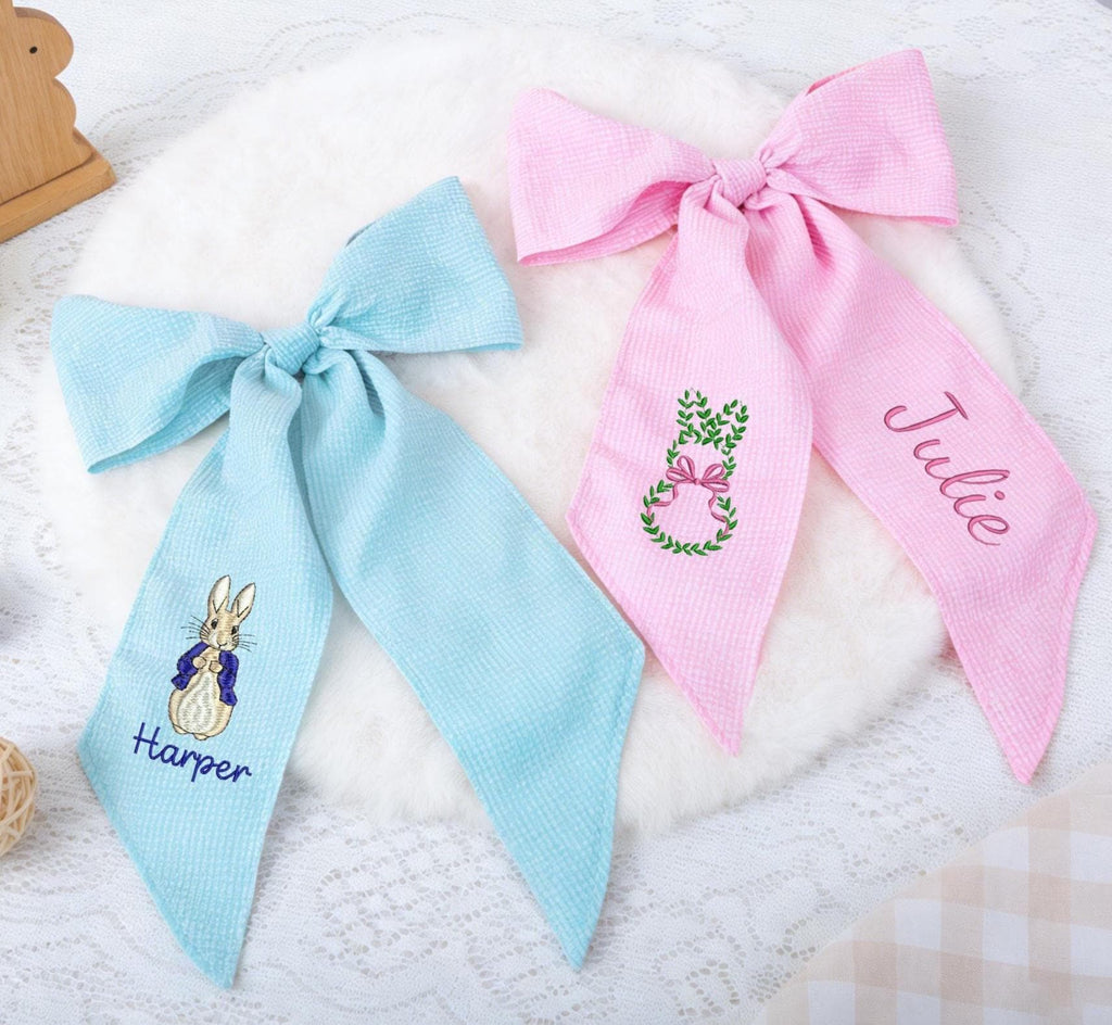 Personalized Seersucker Easter Basket Bow with Embroidered Name Custom Monogrammed Bunny Design Egg Hunts Gift & Spring Decorations