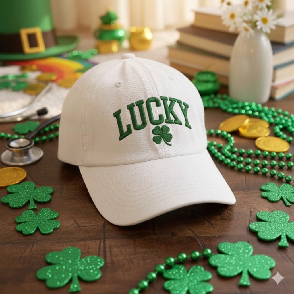 Lucky Embroidered Baseball Cap, St Patrick’s Day Hat, Shamrock Clover Hat, Lucky Green Cap, Irish Gift, Minimal Embroidery Cap