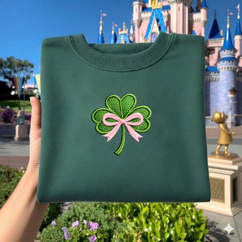 Embroidered St. Patrick’s Day Sweatshirt – Irish Shamrock Bow Embroidery Design, Saint Patrick’s Day Crewneck