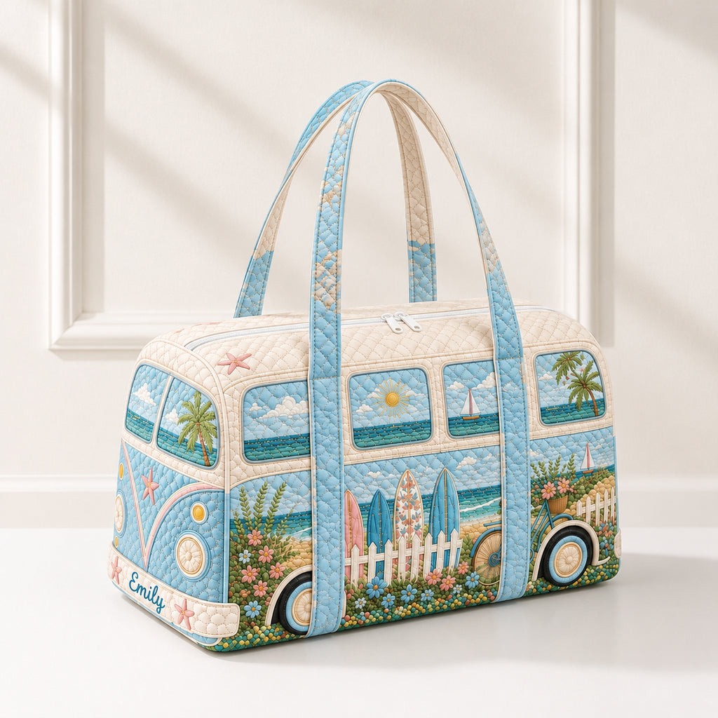 Personalized Beach Van Quilted Duffle Bag, Custom Coastal Travel Bag with Name, Surf Bus Weekender, Beach Lover Gift DFB25