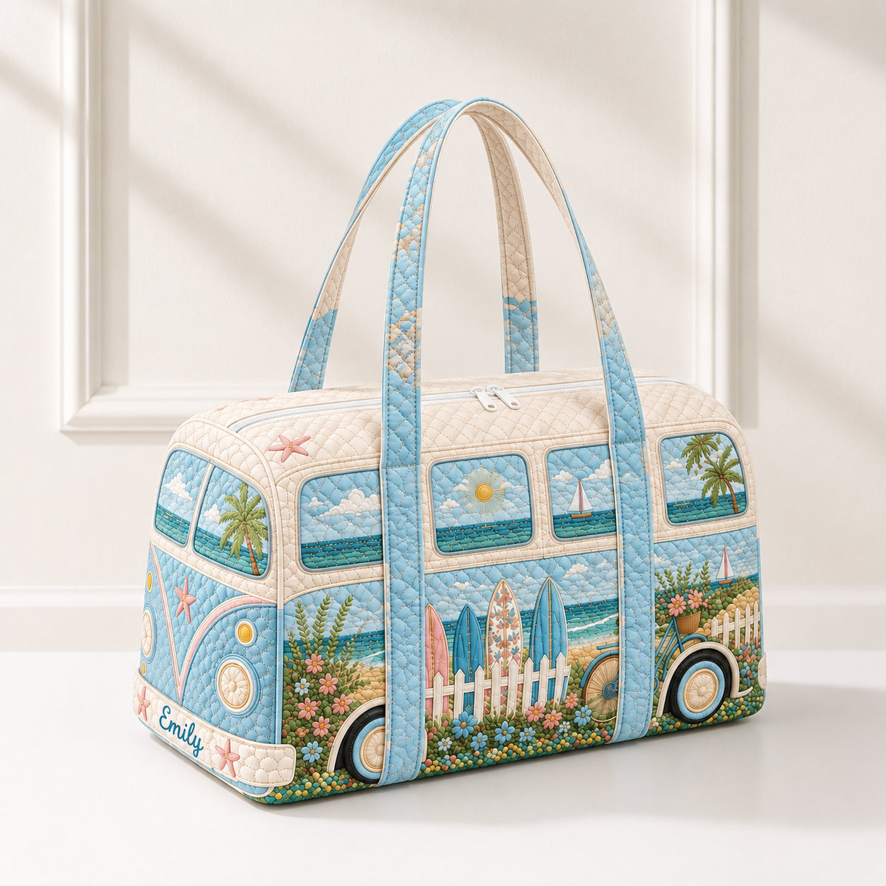 Personalized Beach Van Quilted Duffle Bag, Custom Coastal Travel Bag with Name, Surf Bus Weekender, Beach Lover Gift DFB25