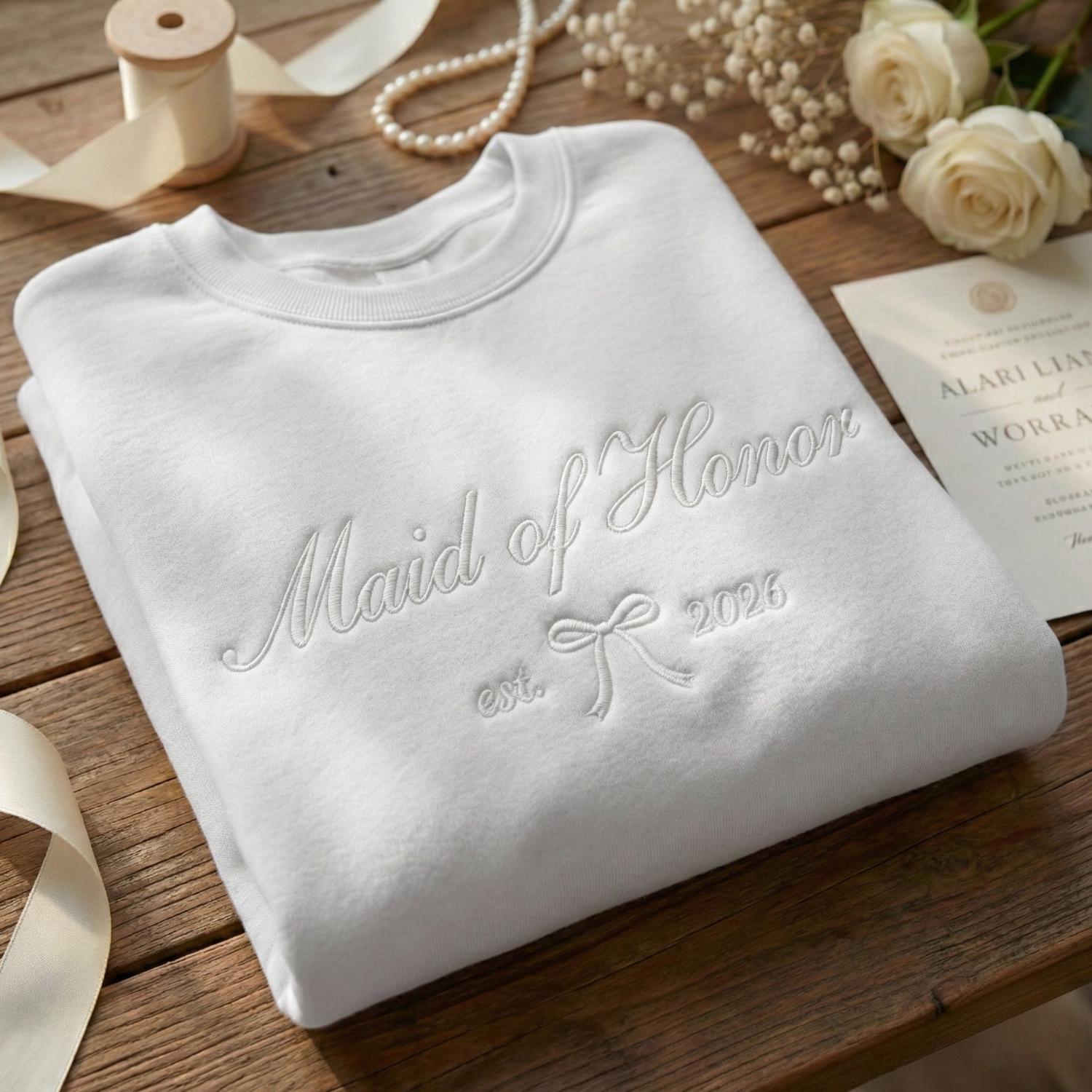 Embroidered Bride, Bridesmaid or Maid of Honor Sweatshirt, Custom Wedding Date, Personalized Bridal Party Gift, Bachelorette Crewneck