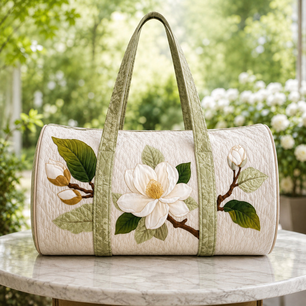 Personalized Magnolia Flower Quilted Duffle Bag, Floral Duffle Bag, Quilted Travel Bag, Quilted Weekend Bag, Custom Bag Gift DFB03