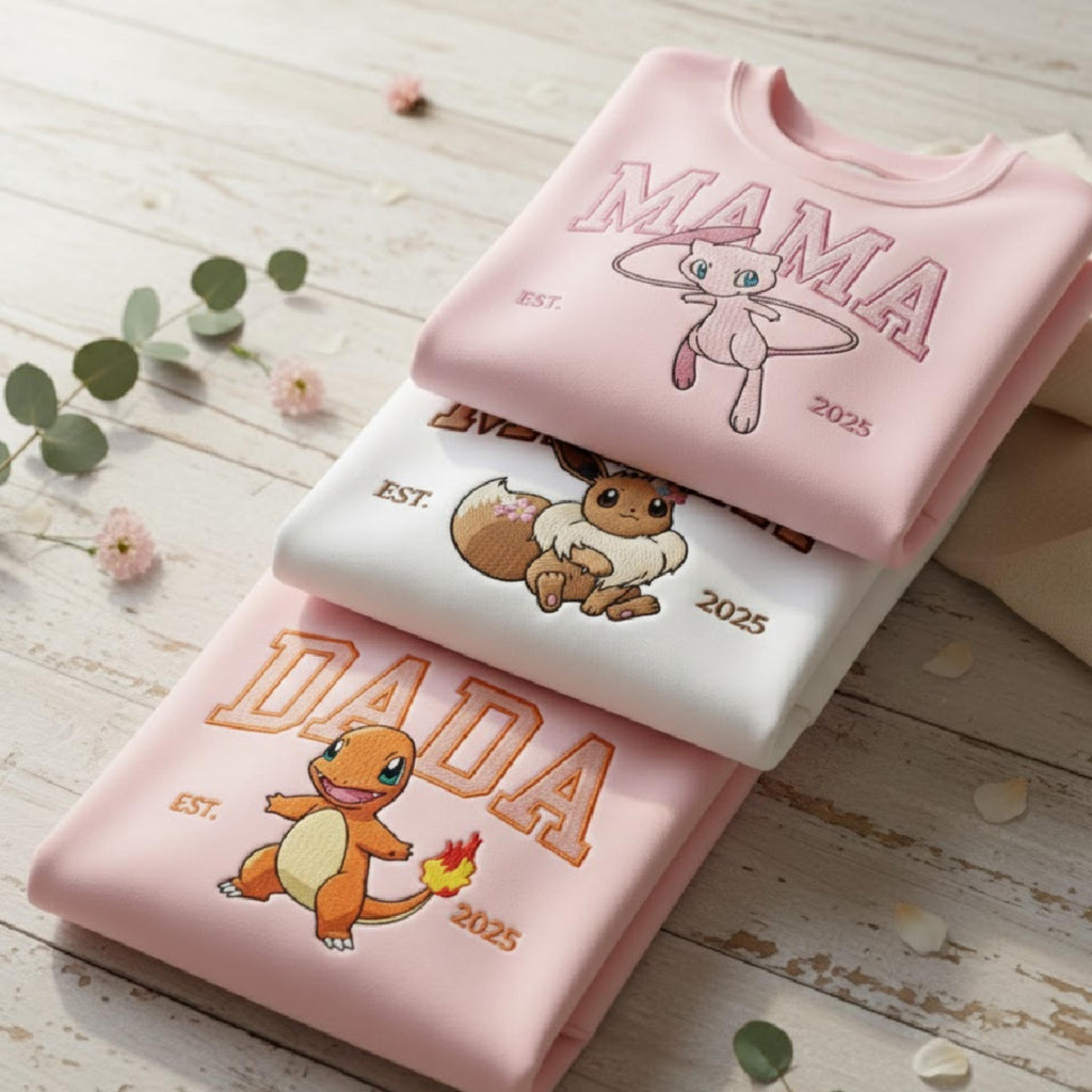 Embroidered Custom Pokedad Pokemom Hoodie, Cute Poke Characters Sweatshirt, Cozy Anime Embroidery, Gift for PKM Fans, Gift for dada and mama