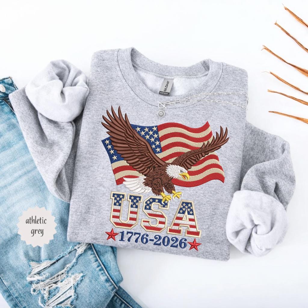 American Eagle Flag Embroidery Sweatshirt – Patriotic USA 1776–2026 Anniversary Crewneck