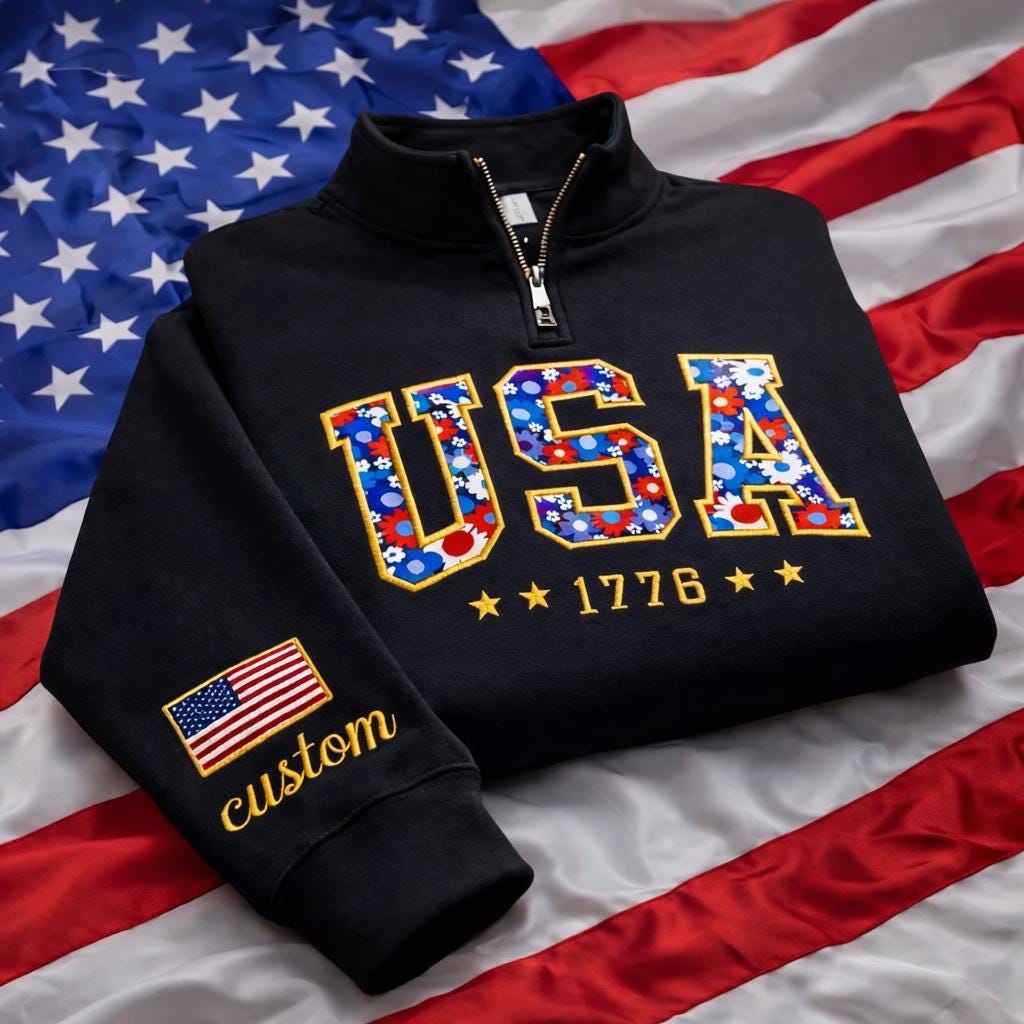 Embroidered USA Floral Crewneck Quarter Zip Sweater – Custom Sleeve American Pride Sweater, America 250th Anniversary, Independence Day Gift