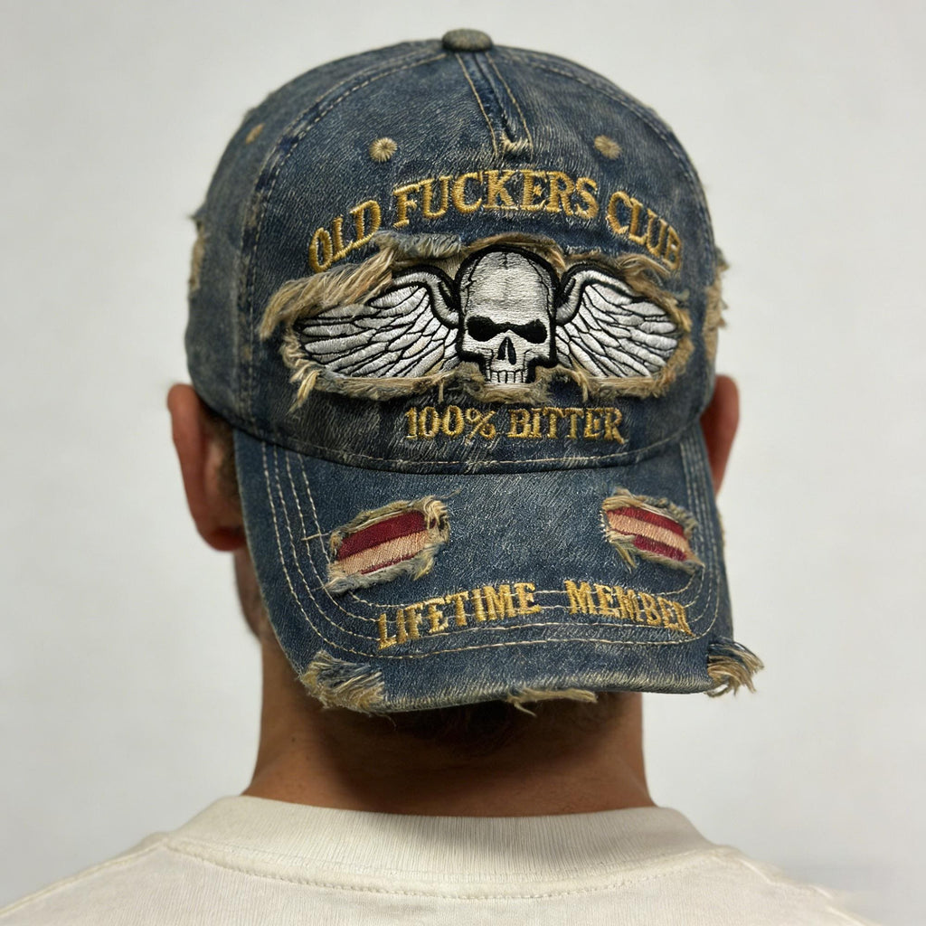 Old Fuckers Club Distressed Denim Cap – Embroidered Skull Adjustable Dad Hat