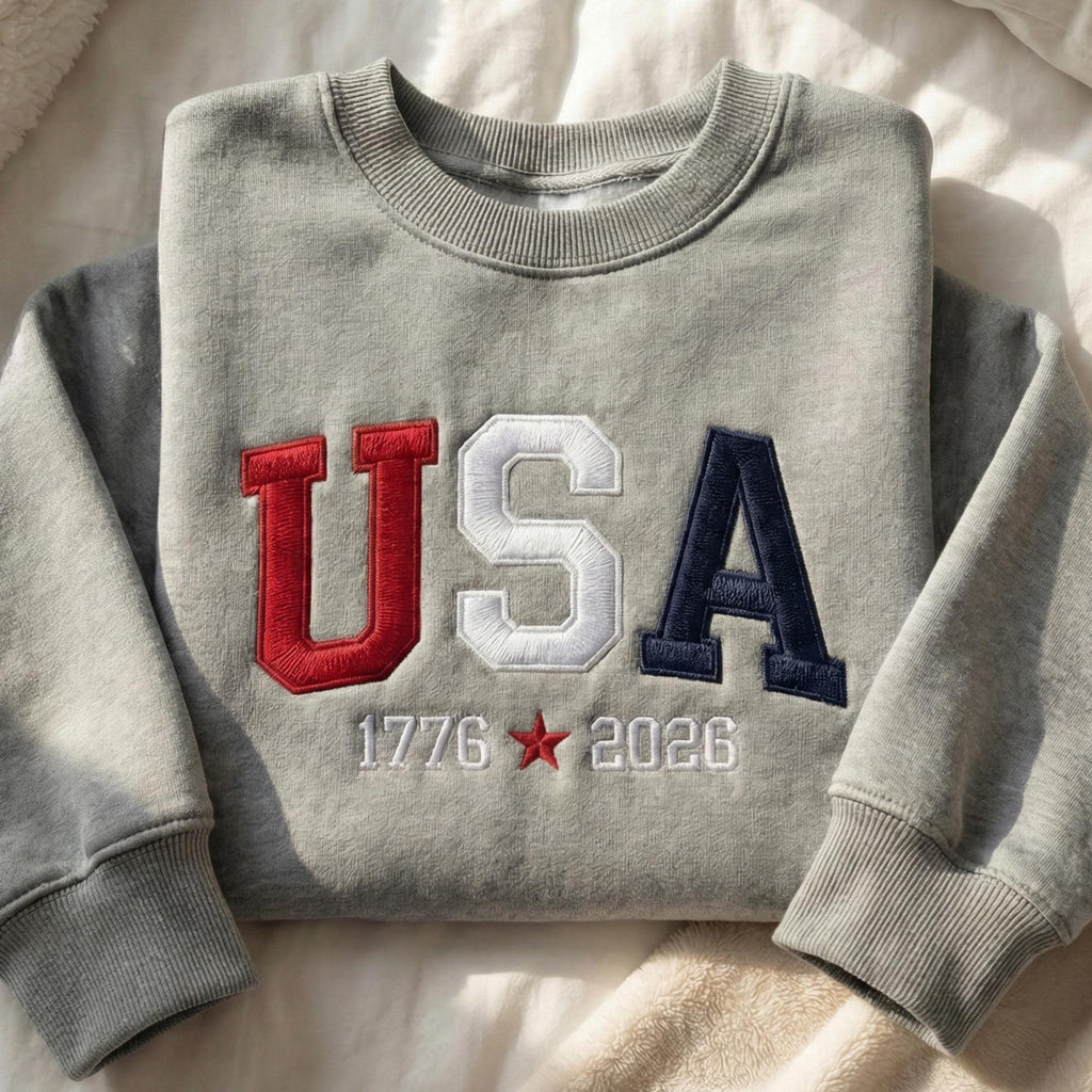 Embroidered USA Sweatshirt Patriotic Pullover 1776–2026 Americana Unisex Sweatshirt Fourth of July Gift Shirt