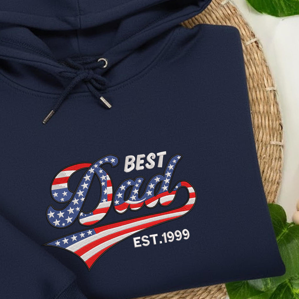 Best Dad American Flag Embroidery Hoodie, Custom Number or Name Embroidery, Father's Day Gifts