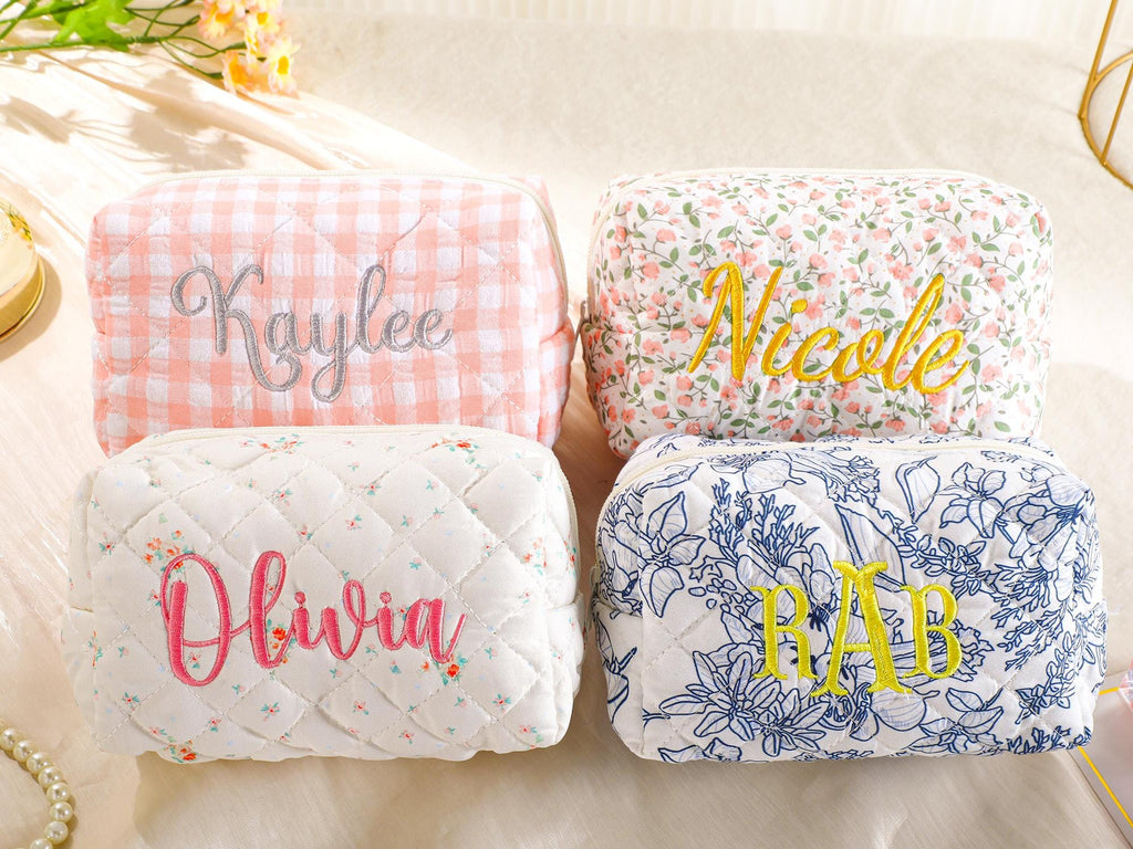 Personalized Embroidered Makeup Bag – Custom Floral Cosmetic Bag, Travel Makeup Pouch, Bridesmaid Gift for Her