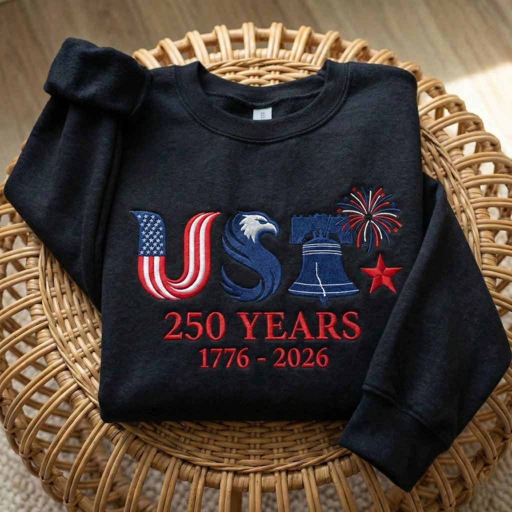 EMBROIDERED USA 250 Years Sweatshirt, American Independence Day Shirt, 1776–2026 Patriotic Crewneck, Liberty Bell Eagle Fourth of July Gift