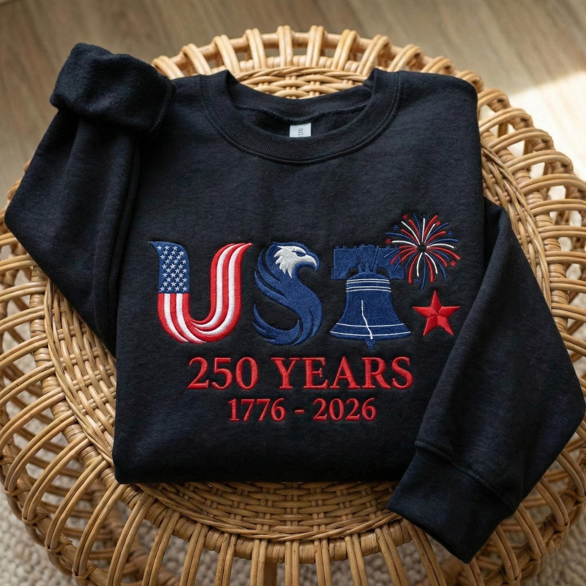 EMBROIDERED USA 250 Years Sweatshirt, American Independence Day Shirt, 1776–2026 Patriotic Crewneck, Liberty Bell Eagle Fourth of July Gift