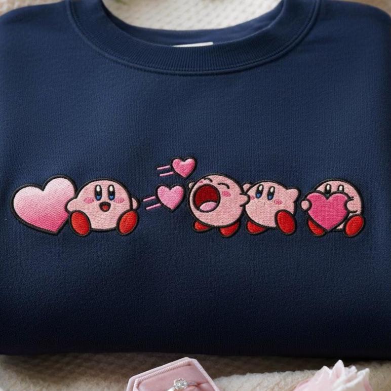 Embroidered Kirby Valentine Sweatshirt with Heart Design, Cute and Funny Valentine’s Day Sweater, Perfect Gift for Girlfriend, Boyfriend or Kirby Lovers