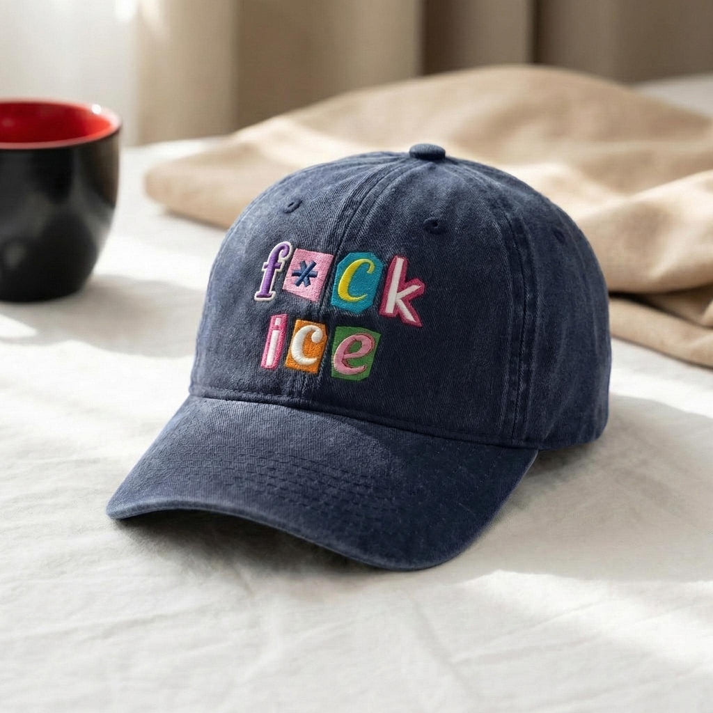 F*ck ICE Magazine Letters Embroidered Washed Baseball Hat – Abolish ICE Cap | FDT, No Human Is Illegal, Anti-MAGA Unisex Headwear