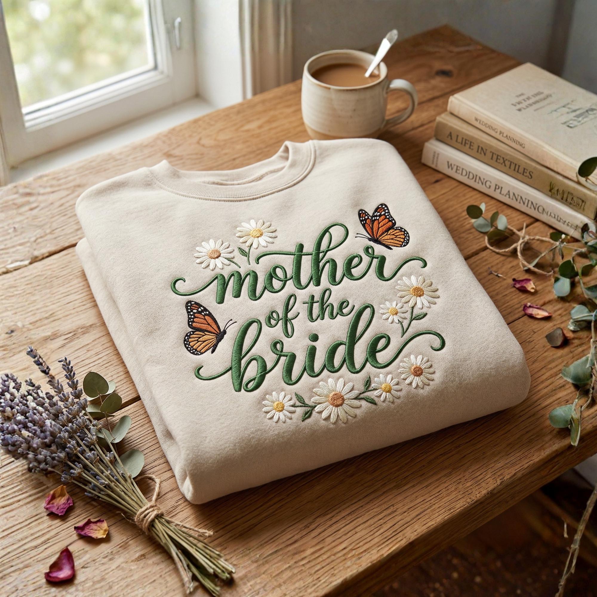 Mother of the Bride Embroidered Sweatshirt, Custom Wedding Date Shirt, Personalized Bridal Party Gift, Cozy Wedding Sweatshirt