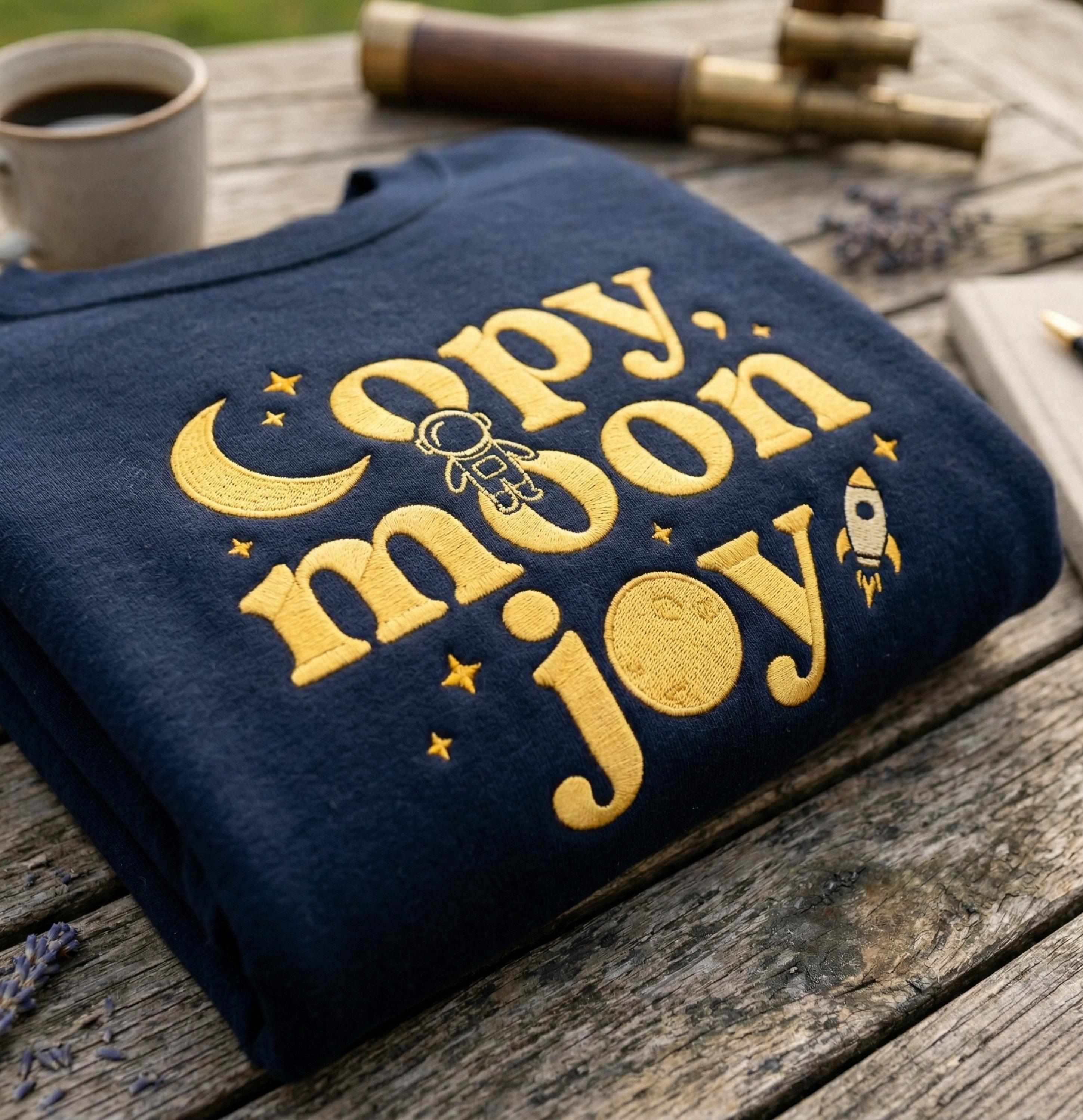 Moon Joy Embroidered Shirt, NASA Artemis II Shirt, Space Quote Tee, Astronaut Moon Landing Shirt