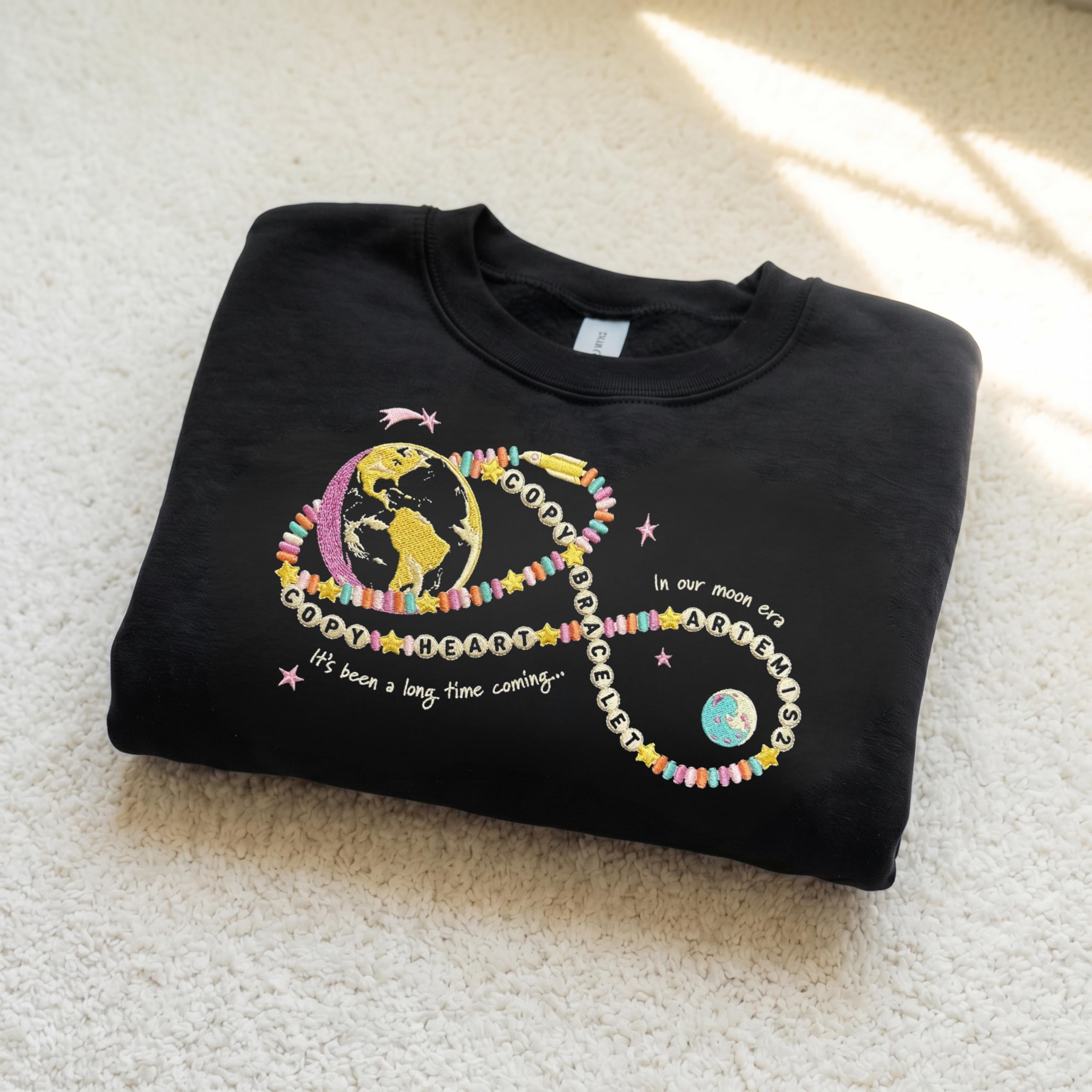 Heart Bracelet Embroidered Sweatshirt, Moon Joy Quote Shirt, Minimal Lunar Space Design, Night Sky Gift for Women