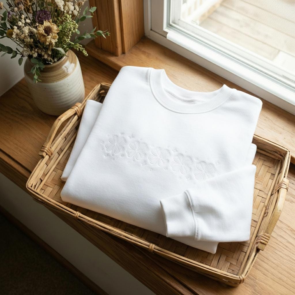 Embroidered Clover Sweatshirt, St. Patrick’s Day Irish Shirt, Lucky Tone-on-Tone Crewneck, Patrick’s Day Family Gift