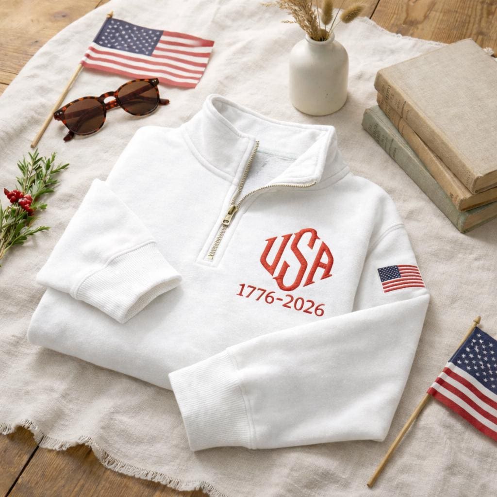 Embroidered USA 250 Years Quarter Zip Sweatshirt, Retro USA With Flag Shirt, Patriotic USA Sweatshirt, 250th Anniversary, America 1776-2026