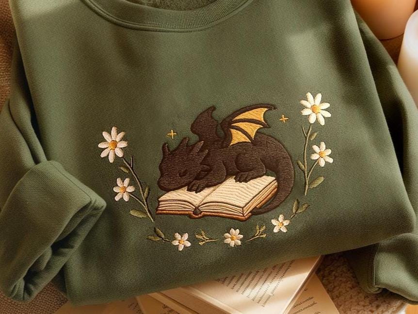 Dragon Book Embroidered Sweatshirt, Fantasy Bookworm Sweater, Cottagecore Reader Shirt