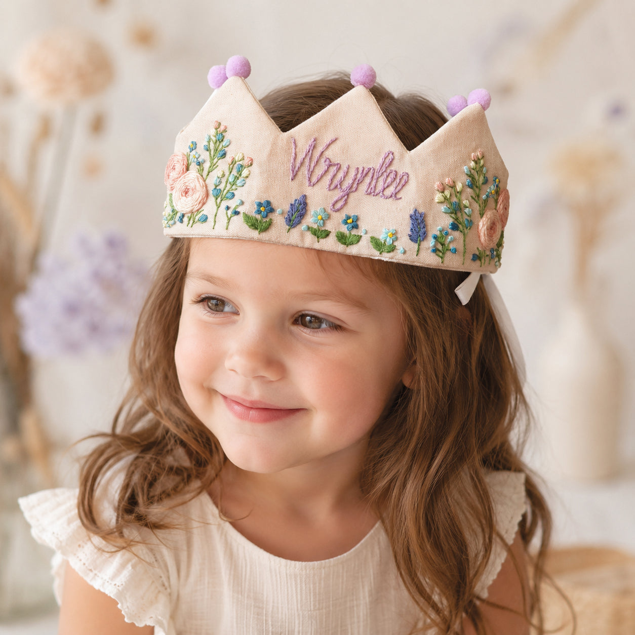 Hand-Embroidered Floral Linen Birthday Crown, Personalized Floral Name Keepsake, Birthday Crown For Kid, Custom Embroidered Crown EMC04