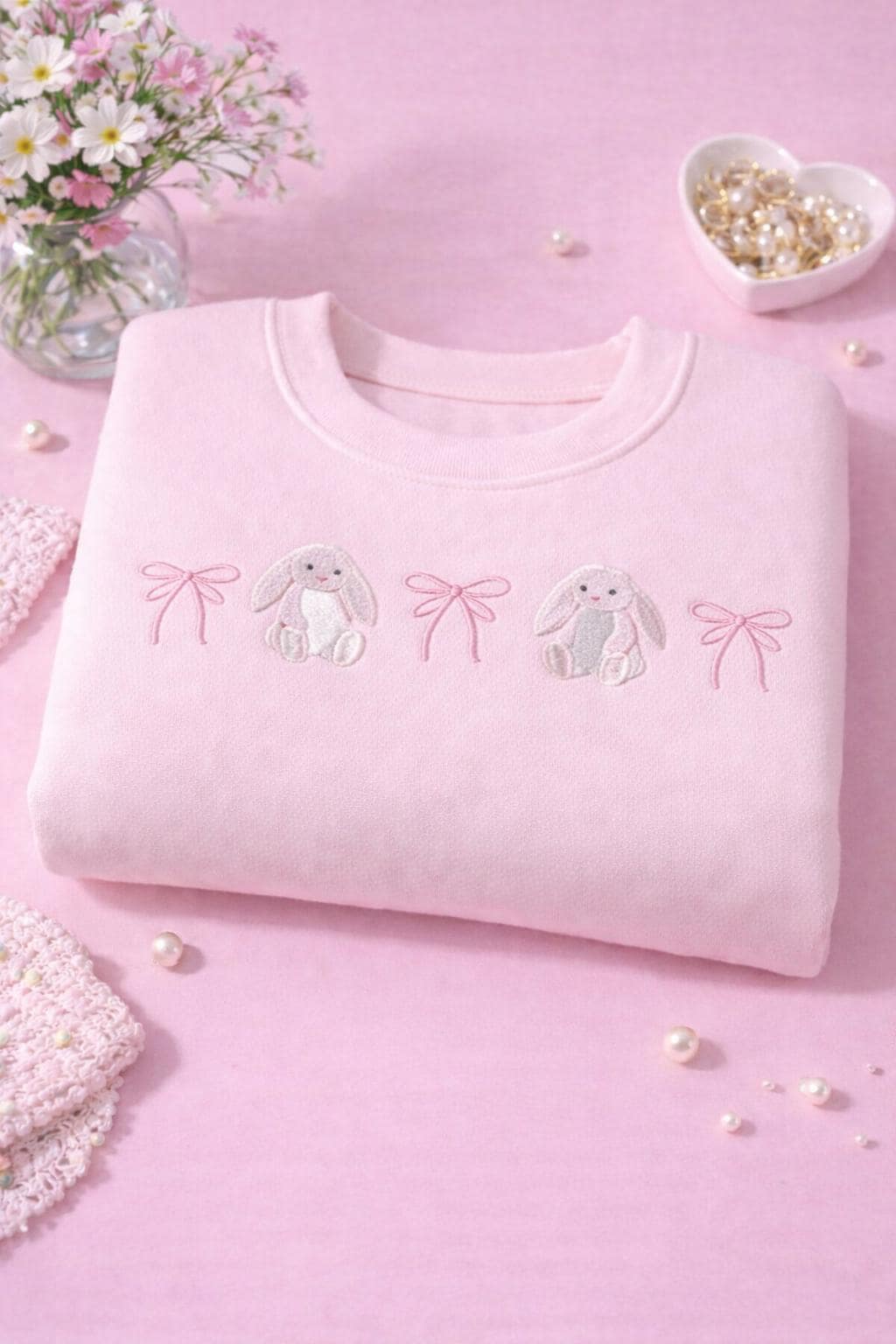Pastel Bunny Embroidered Sweatshirt with Bows, Cute Cottagecore Crewneck Pullover, Easter Aesthetic Sweater, Soft Girl Spring Easter Outfit