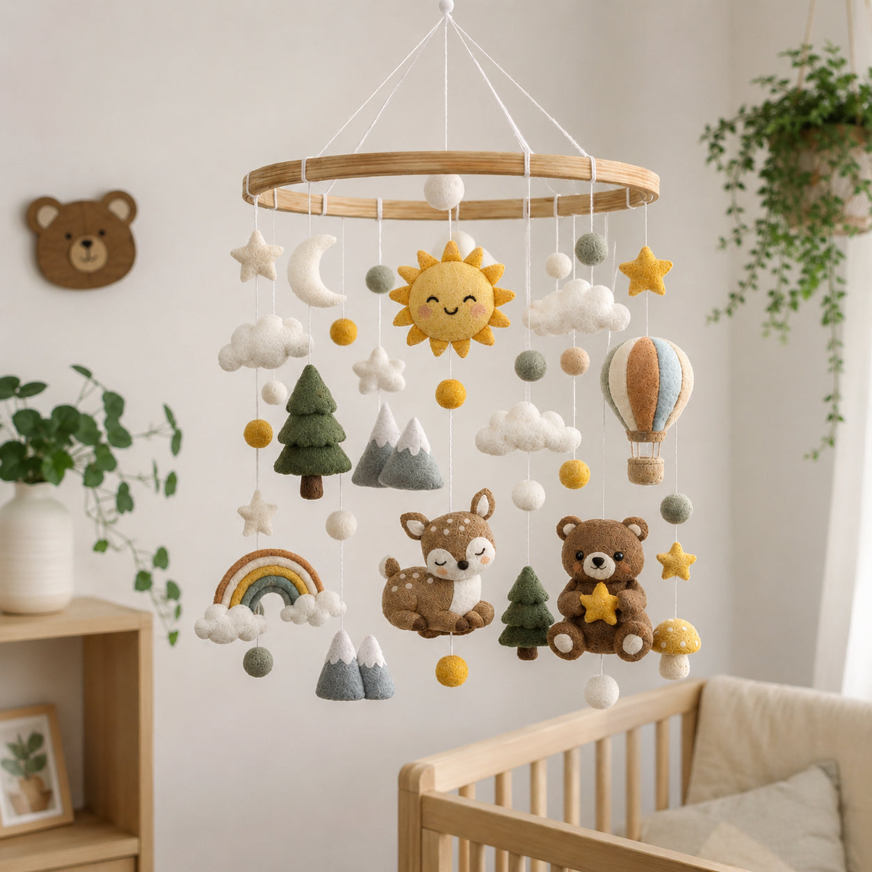 Personalized Woodland Animals Felt Baby Mobile, Handmade Bear and Deer Nursery Crib Mobile, Sun Rainbow and Hot Air Balloon Baby Room Decor BBMB03