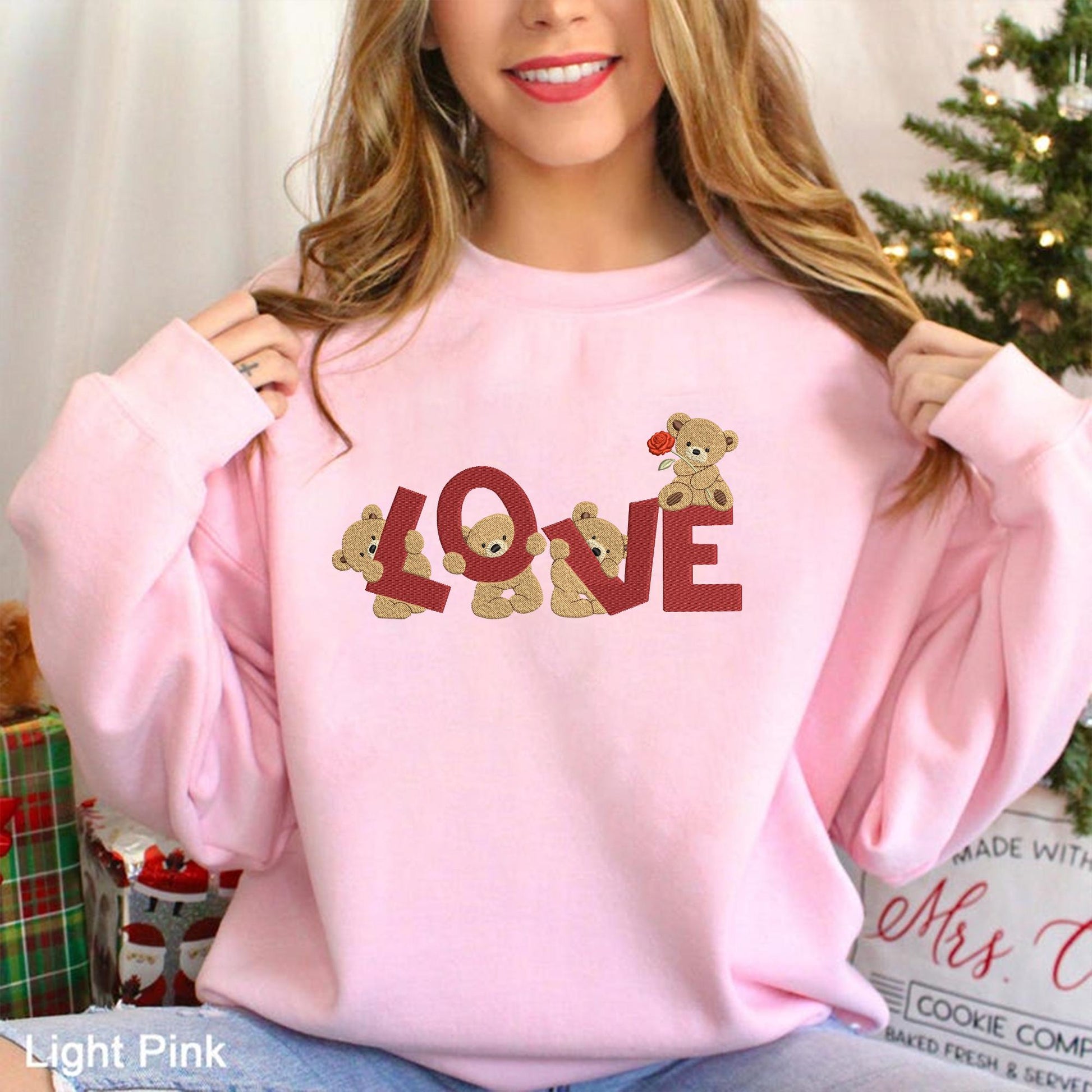 Love Bear Embroidery Sweatshirt, Cute Valentine Crewneck, Romantic Embroidered Love Sweatshirt