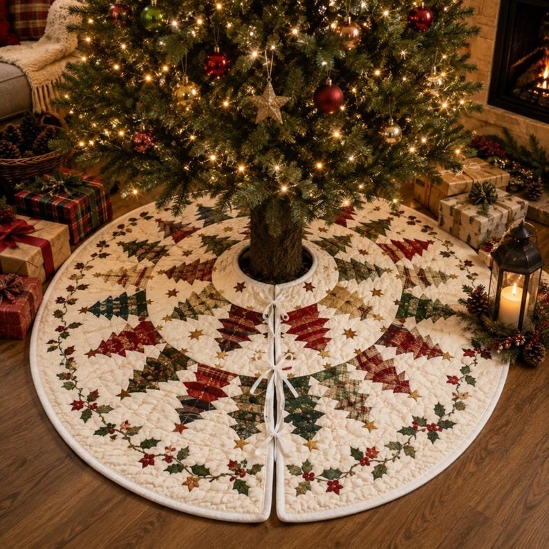 Christmas Pattern Quilted Tree Skirt, Patchwork Xmas Tree Skirt, Holiday Decor, Xmas Tree Base Cover, Custom Tree Skirt XMASTS03