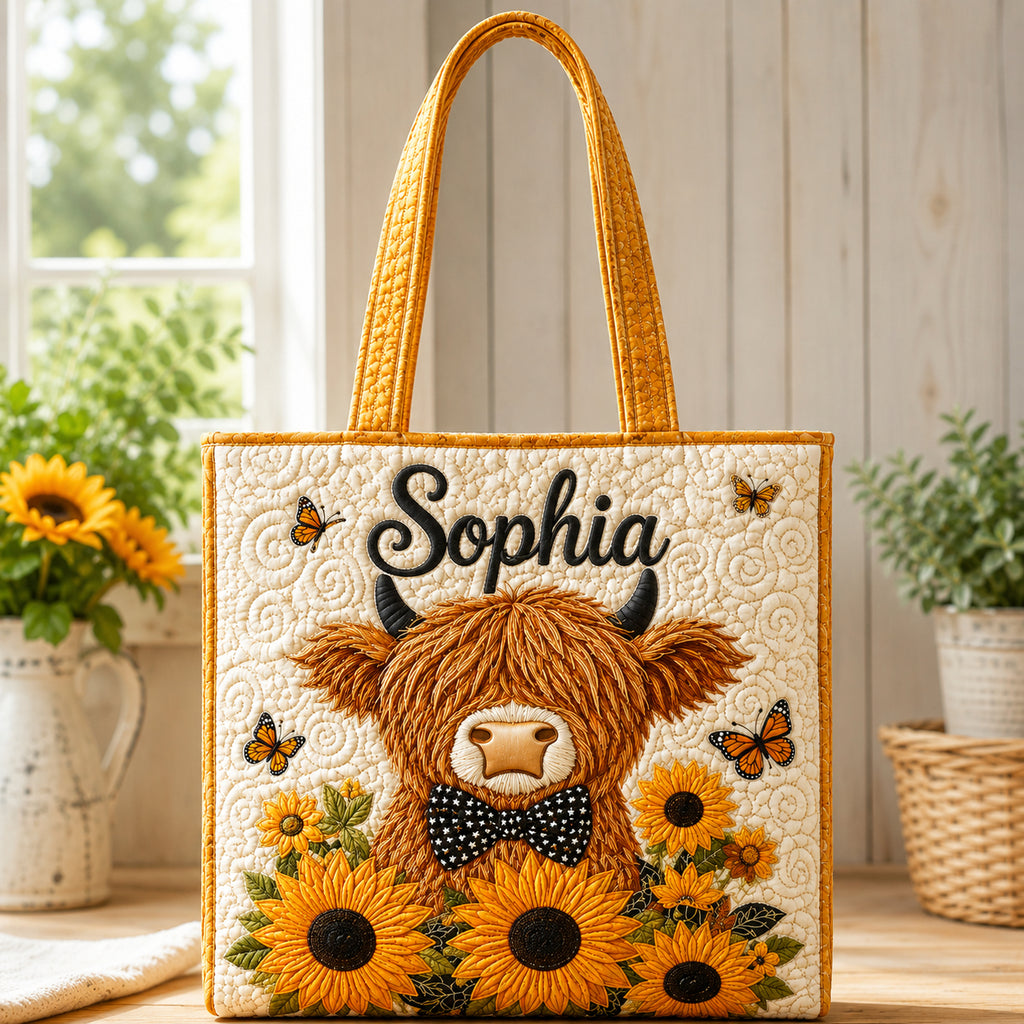 Highland Cow Quilted Tote Bag, Sunflower Cow Tote Bag, Quilted Shoulder Bag, Quilted Book Bag, Fabric Bag QTOTE54