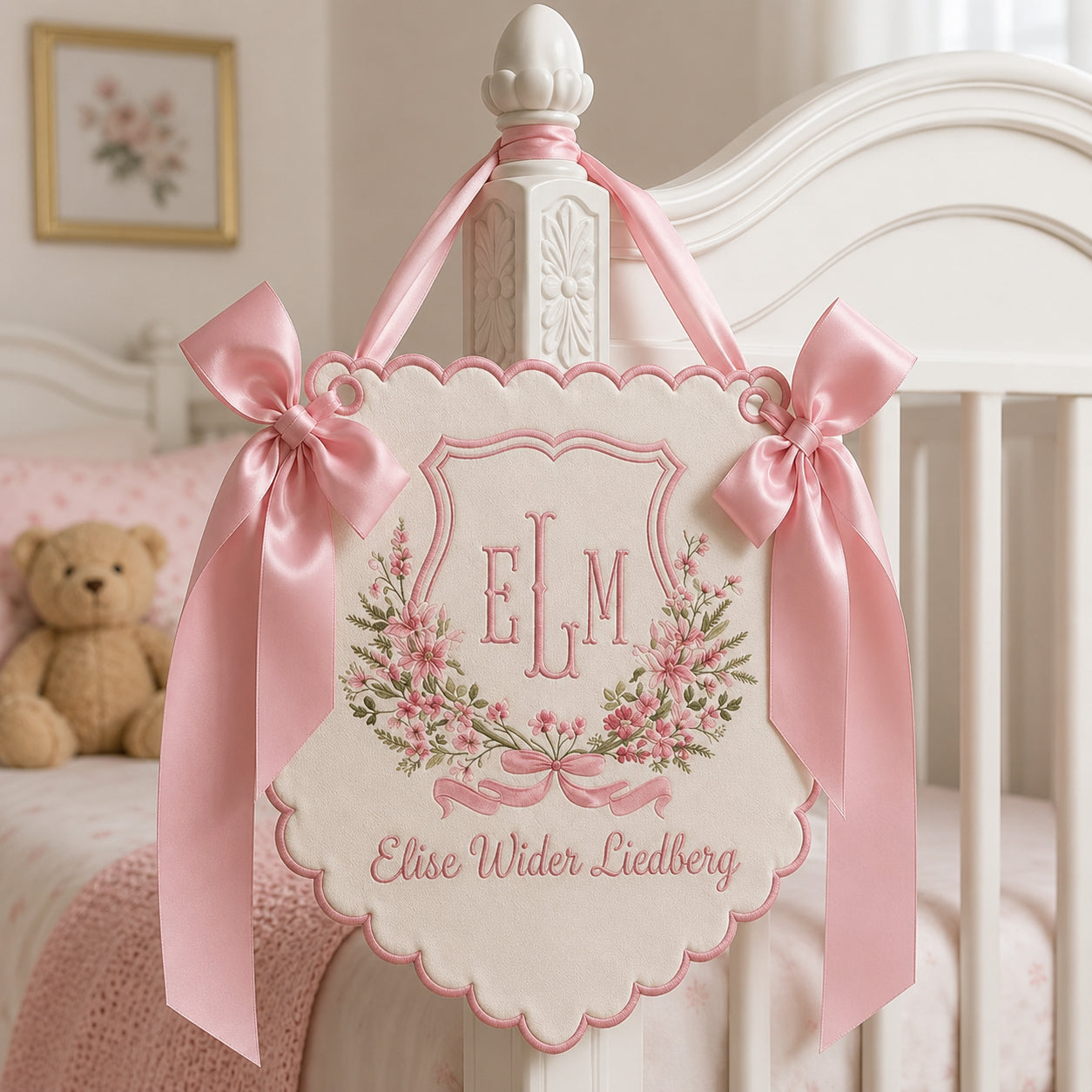 Personalized Embroidered Floral Baby Name Banner, Custom Monogram Nursery Pennant, Hospital Door Announcement, Newborn Nursery Decor Gift BBFLAG03