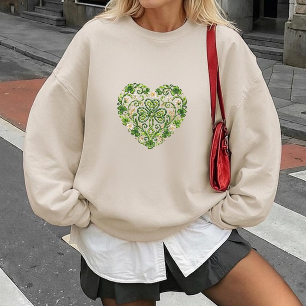 Celtic Shamrock Heart Embroidered Sweatshirt, St Patrick’s Day Clover Knot Crewneck, Irish Lucky Gift