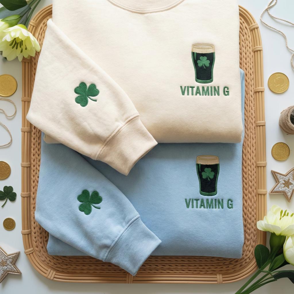 Embroidered Vitamin G Guinness Sweatshirt, Irish Beer Shirt, St. Patrick’s Day Lucky Gift, Funny Irish Drinking Crewneck