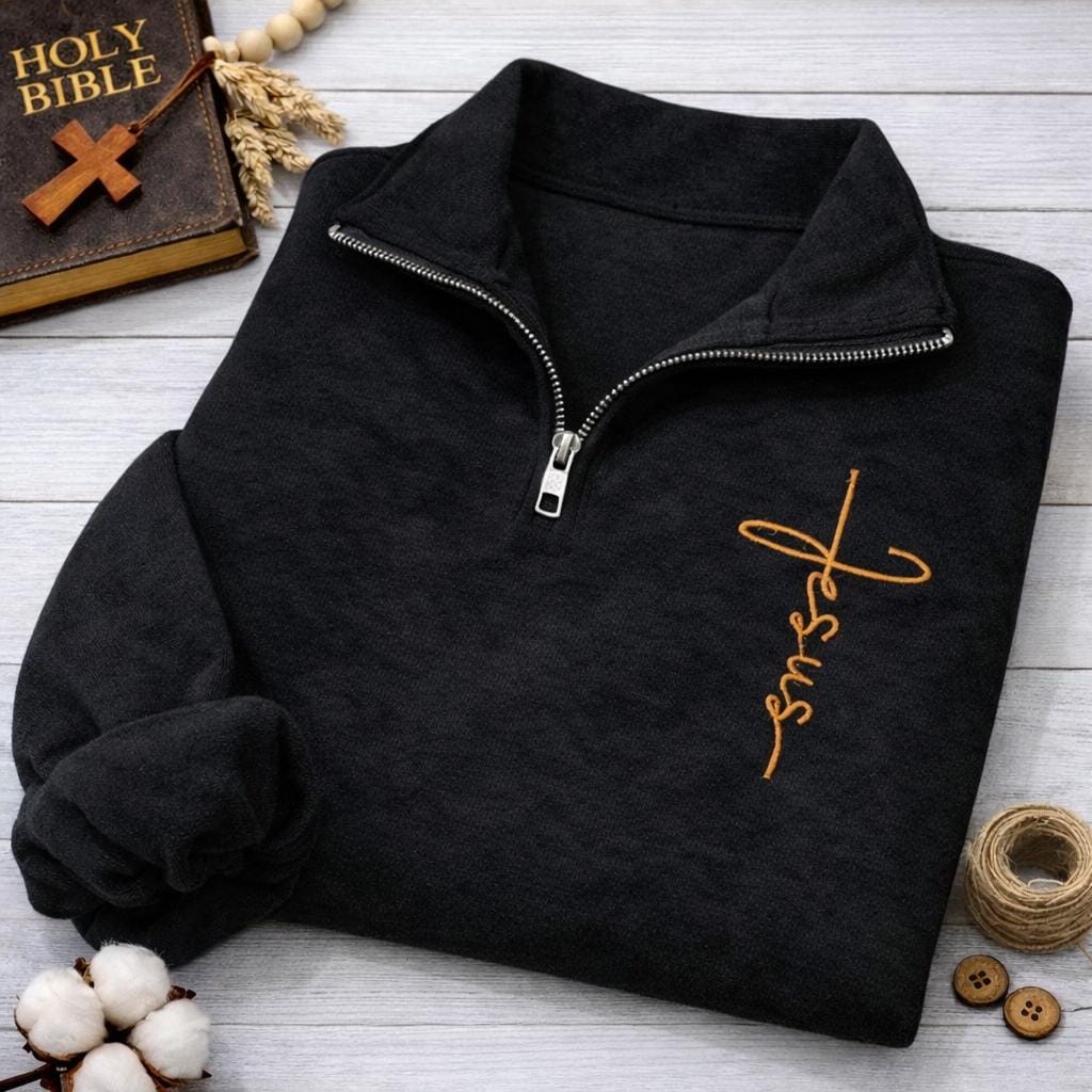Jesus Embroidered Quarter Zip Sweatshirt, Christian Faith Pullover, Minimal Cross Shirt, Religious Cozy Top, Christian Gift for Women
